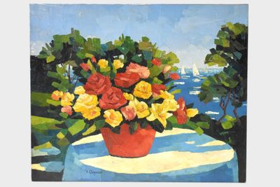a painting of a vase of flowers on a table