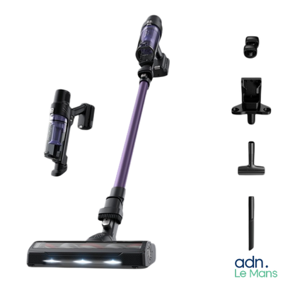 a close up of a cordless vacuum cleaner with a purple handle