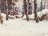a painting of a snow covered path in the woods