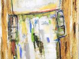 an abstract painting of a refrigerator in a room with a window