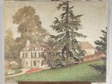 tableau représentant une maison posée sur un chevalet devant un rideau blanc