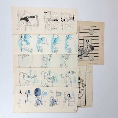 several drawings of people and animals on a sheet of paper