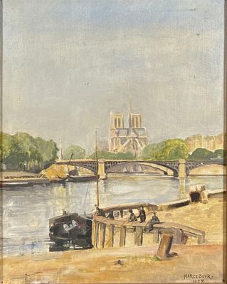 peinture représentant un tableau représentant une rivière avec un pont en arrière-plan