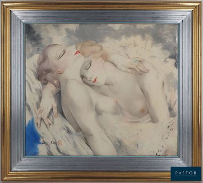 une image représentant un tableau où l'on voit deux nus allongés sur un lit