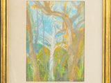 an oil painting of a tree in a forest with a gold frame