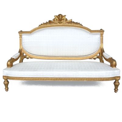 Banquette basse en bois doré de style Louis XVI à fronton à …