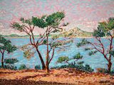 an oil painting of trees on the shore of a body of water