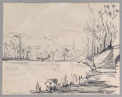 drawing of a landscape with a river and trees in the foreground