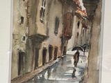 une peinture représentant une personne marchant dans une rue avec un parapluie
