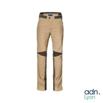 the pants are tan and black with a blue logo on the side
