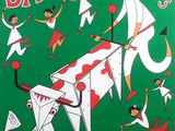 an image of a green poster with a picture of people and a cow