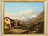 une peinture à l'huile représentant une scène de vie à la ferme, avec une rivière et des montagnes en arrière-plan