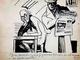drawing of a man sitting at a table with a newspaper in front of him