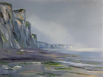 a painting of a person walking on the beach
