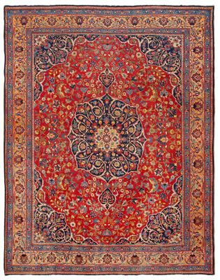 a red rug with a medallion design on it