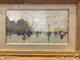a picture of a painting of people walking down the street