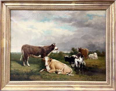 un tableau représentant des vaches dans un champ, avec le ciel en arrière-plan