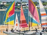 tableau représentant un groupe de voiliers sur une plage, avec une grande roue en arrière-plan