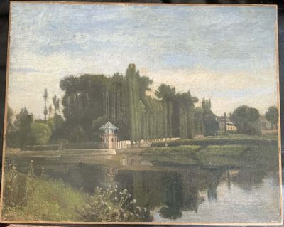 tableau représentant une scène fluviale avec une maison et des arbres en arrière-plan