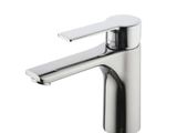 a close up of a chrome faucet on a white background
