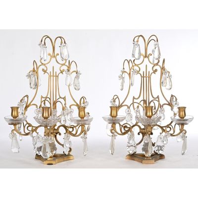 pair of antique brass and crystal wall sconces