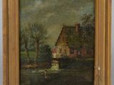 a painting of a house in a field next to a river