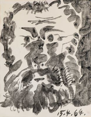 an image of a black and white drawing of a cat and a bird