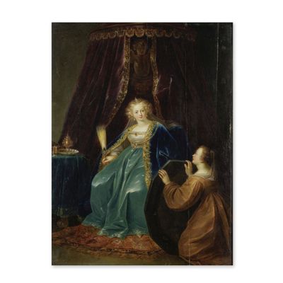 un tableau représentant une femme agenouillée à côté d'un homme vêtu d'une robe bleue