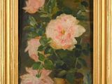 an oil painting of pink roses in a vase on a table