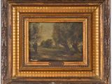 a painting of a landscape with trees and a river in the foreground