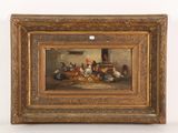an oil painting of chickens and chickens in a kitchen with a stove