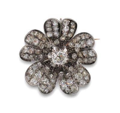 Broche en or 18K (750/1000) et argent (800/1000) figurant une fleur pa - Photo 1