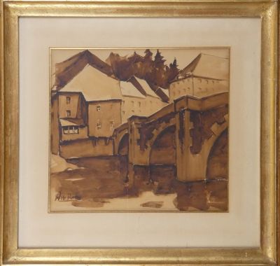 une image représentant une photo d'un tableau représentant un cheval sautant par-dessus un pont