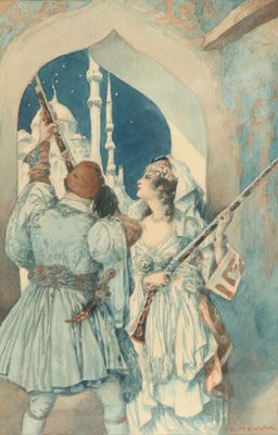 tableau représentant un homme et une femme vêtus de costumes médiévaux