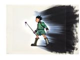 painting of a young boy in a green outfit holding a stick and a flower