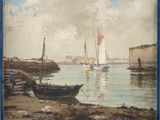 un tableau représentant des bateaux sur l'eau, avec le ciel en arrière-plan