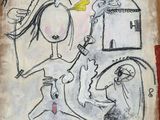 une image représentant un tableau où figurent une femme et un homme accompagnés d'un chien