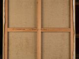 a painting of a wooden easel with a piece of paper on it