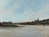 painting of a view of a river with a bridge over it