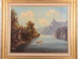 an image of a painting of a boat on a lake with mountains in the background
