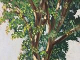 an oil painting of a tree in a field with a sky in the background
