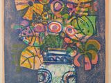 painting of flowers in a vase on a table in front of a blue background