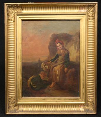une peinture à l'huile représentant une femme assise sur un rocher avec un chien