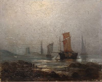 an image of a painting of a boat in a body of water on a foggy day