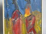 an oil painting of two women standing in a field with a blue sky in the background