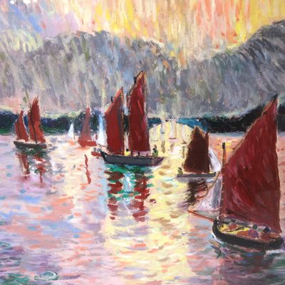 tableau représentant un groupe de voiliers naviguant sur un plan d'eau