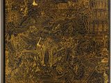 a gold and black painting of a city on a black background