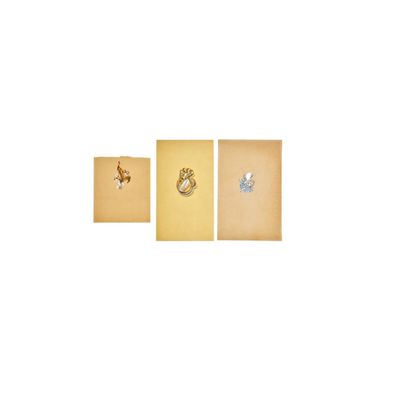 three pieces of paper with a picture of a horse and a bird on them