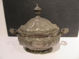 an antique silver plated tureeny dish with lid and handles