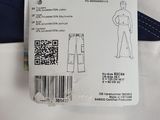 the label on the back of a white jacket with a picture of a woman ' s torso